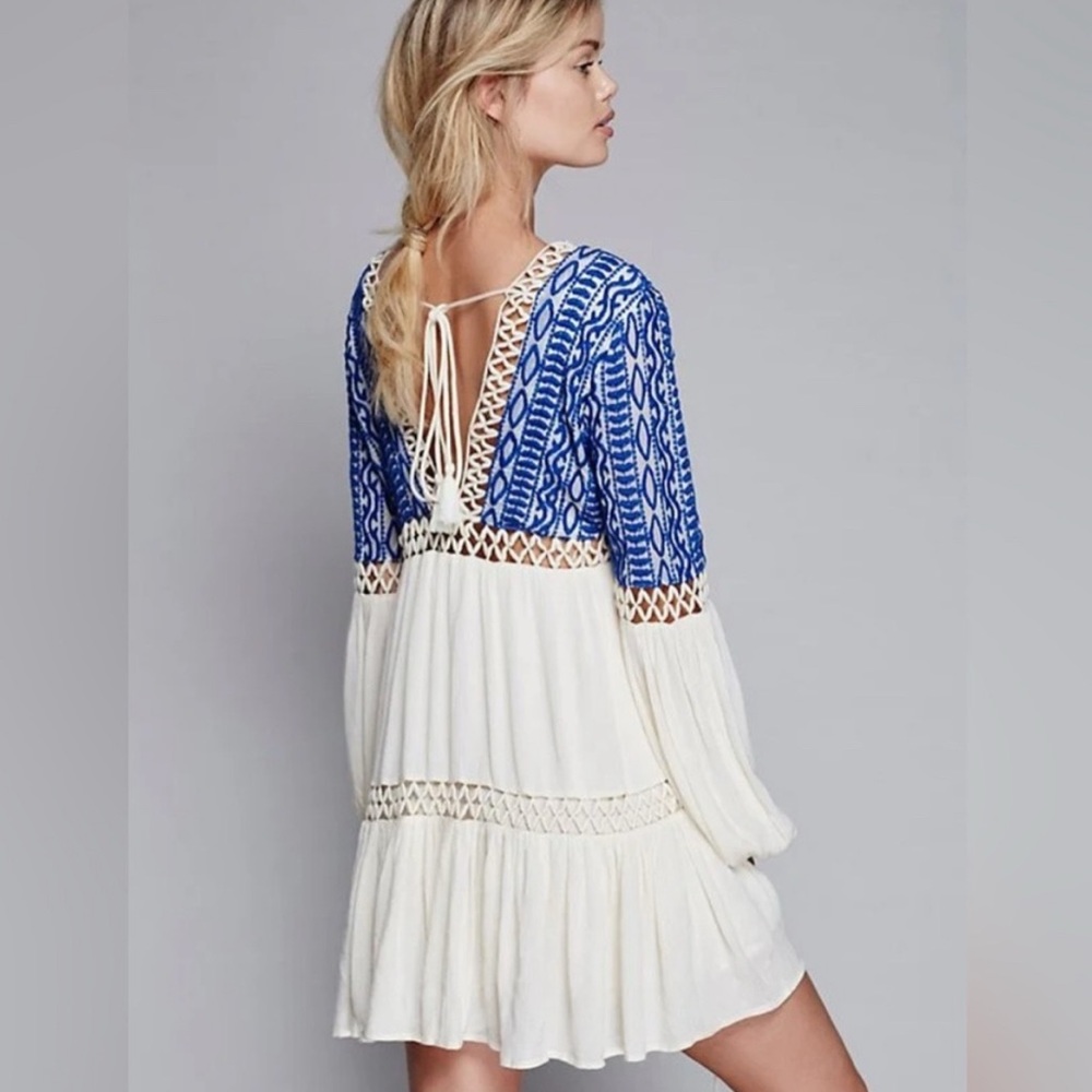 Free People Boho Dawn Till Dusk White & Blue Embroidered Dress (8)